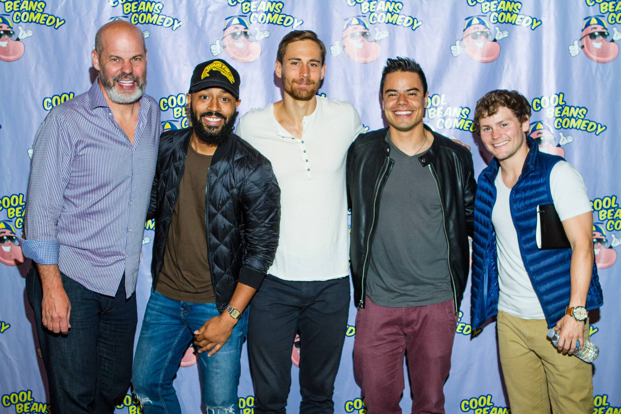 Matthew Moore, Tone Bell, Corey Martin Craig, Francisco Ramos and Drew Lynch on the Cool Beans Comedy red carpet.