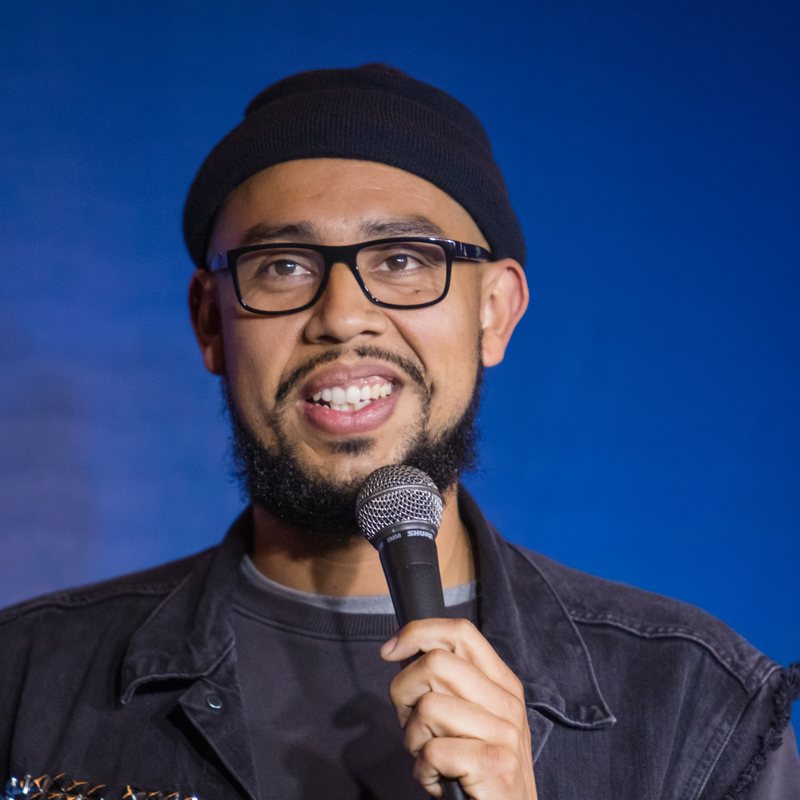Jesus Trejo on stage at a Cool Beans Comedy show.