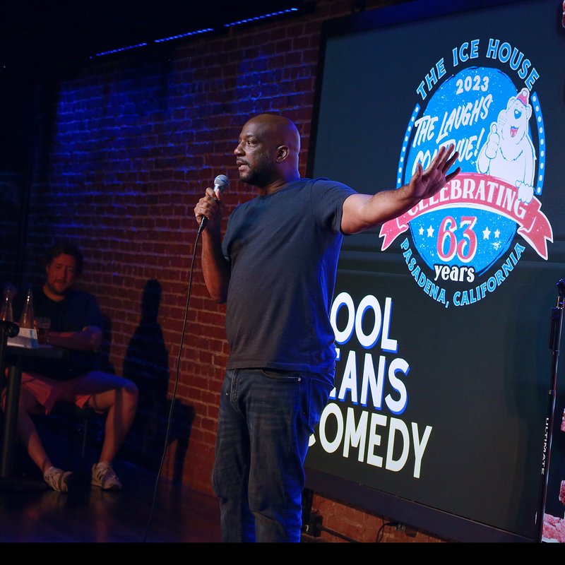 Torrance Hill on stage at a Cool Beans Comedy show.